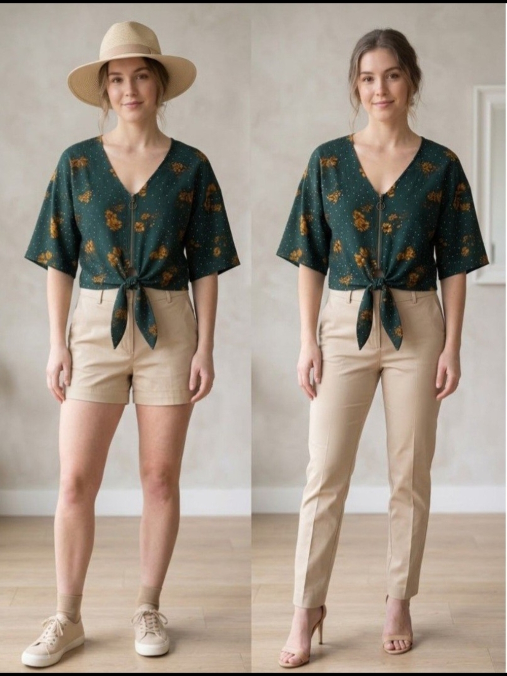 Mine Dark Green Floral Button-Front Tie Hem Blouse. Size M